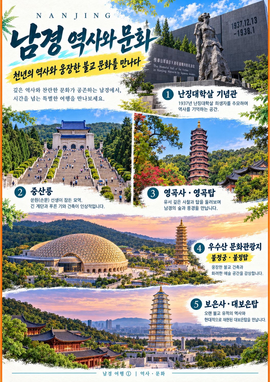 부산 출발 남경(난징) 3박 4일 노옵션·노쇼핑 패키지 브로셔 2장